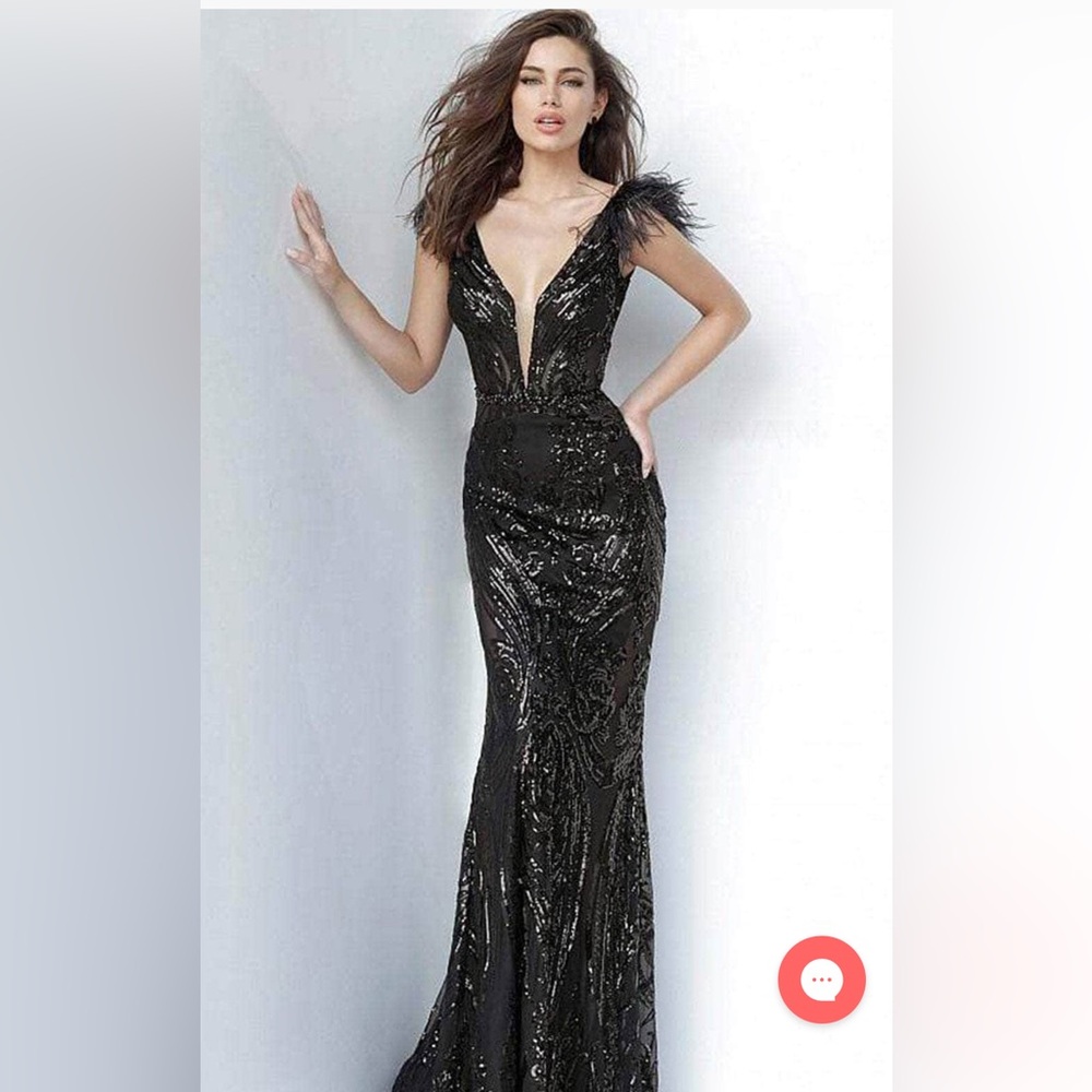 Jovani - 3180 Feathered Cap Sleeve Patterned Sequin Gown